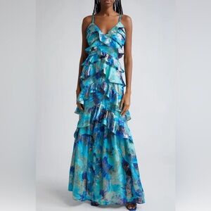 Ramy Brook Harlen Metallic Floral Ruffle Gown- Spring Navy Floral